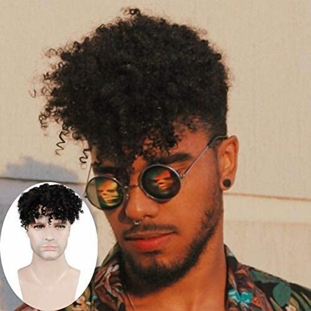 Voloria 2021 nuevo tupé para hombre sistemas de reemplazo de cabello humano europeo postizo mono encaje con PU alrededor de peluca pequeña rizada (color negro natural 9 "x 7")