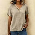 thumbnail image 5 of Paiwinds Women's Linen Blend V-Neck Short Sleeve Top with Button Detail - Loose Casual Summer Shirt in Beige, 5 of 9