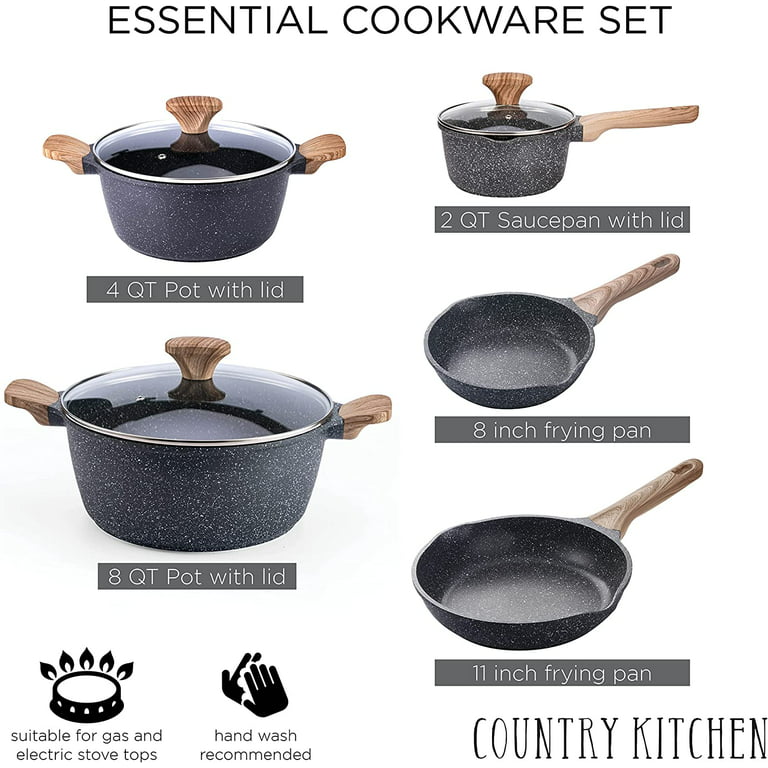  Country Kitchen Nonstick Induction Cookware Sets - 11 Piece  Cast Aluminum Pots and Pans with BAKELITE Handles with Glass Lids - Grey:  Home & Kitchen