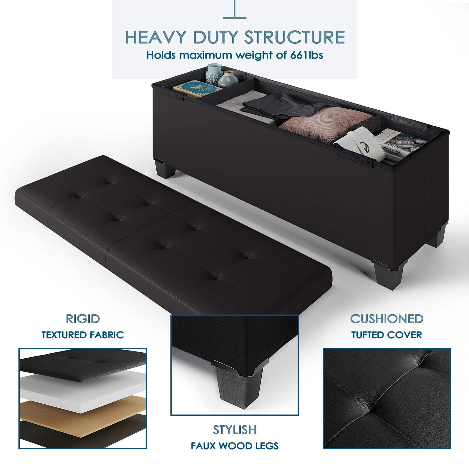 StorageBud Ottoman with Storage Bench, 43-inch Storage Ottoman, Leather, Black