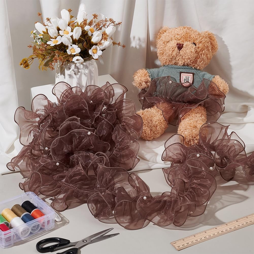 1set 5 Yards Pleated Organza Pleated Lace Ribbon Ruffled Ribbon with Plastic Beads Garment Accessories Coffee 4-7/8 inch(125mm)