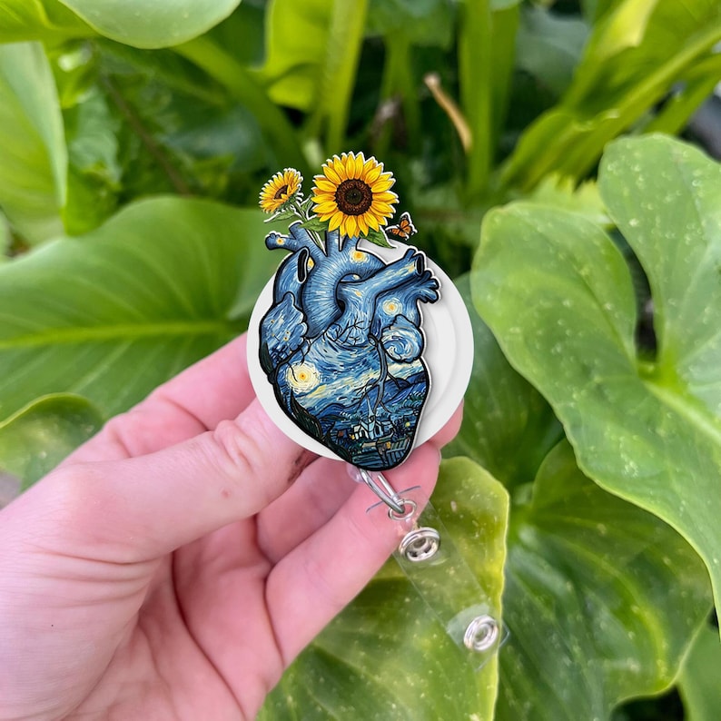 TiniDecor Sunflower Heart Badge Reel, Retractable ID Holder, Artistic Anatomy Design, Nurse Gift