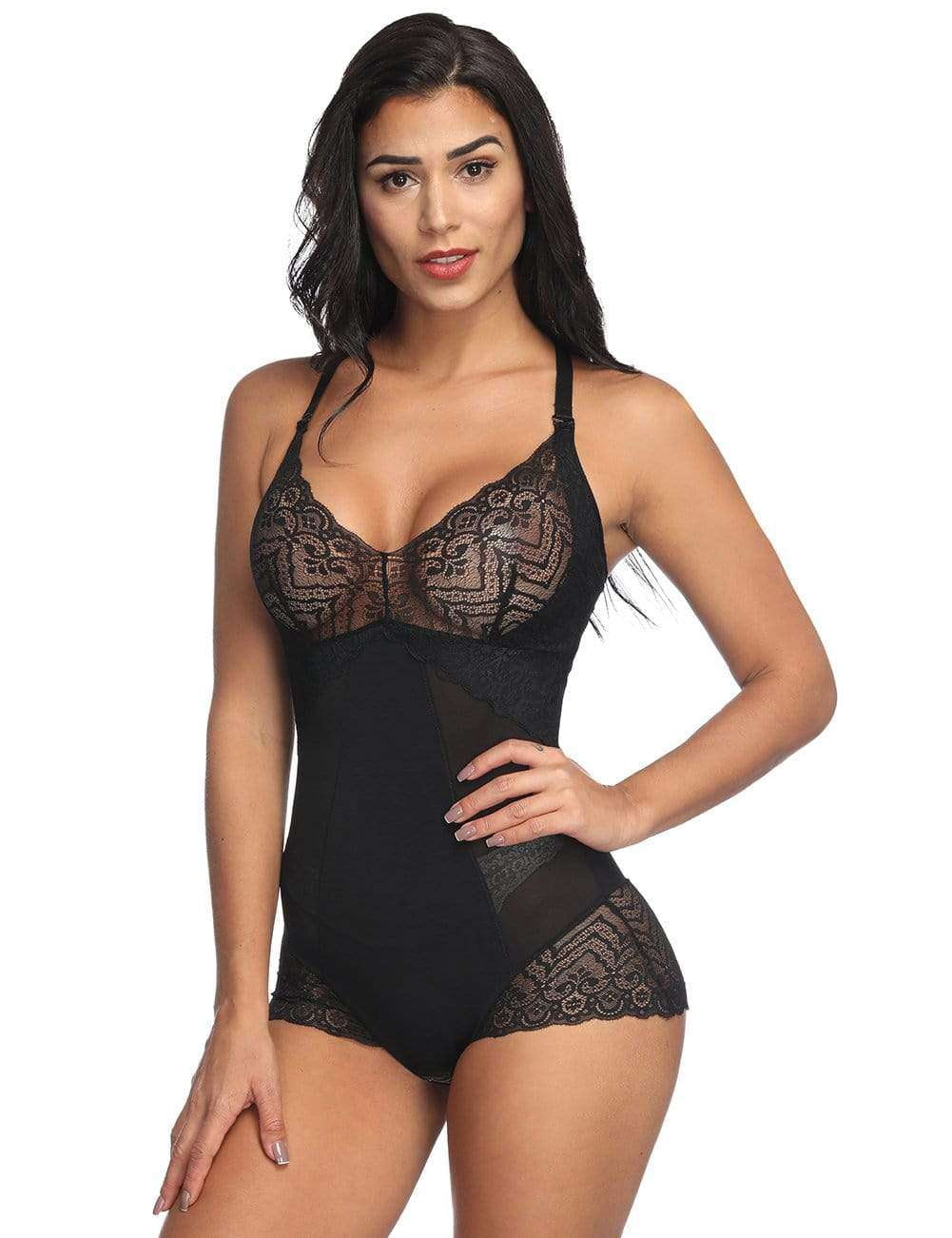 Black Lace Bodysuit Shapewear Hooks Crotch - Walmart.com