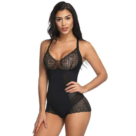 

Black Lace Bodysuit Shapewear Hooks Crotch