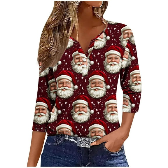 LiMoi Women's Seasonal Shirt 3/4 Sleeve V Neck Blouse with All Over Holiday Santa Print Casual Tops Tees Tshirts for Gifting My Items
