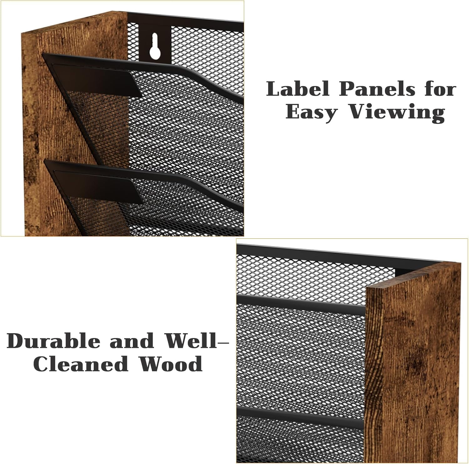 X-COSRACK 5-Tier Ironwood Hanging Wall File Organizer, Mesh Mail Holder with Nametag Labels, Space-Saving Wall Mount Magazine Rack for Office & Home, Black