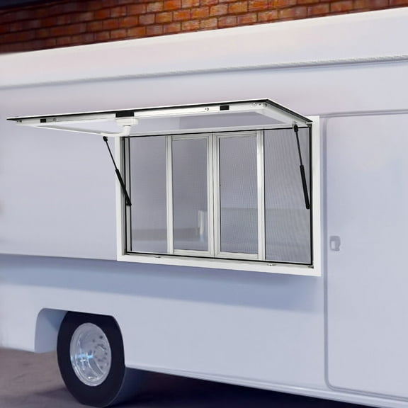 Concession Window for Food Trucks & Mobile Stands – Aluminum Alloy, 4 Sliding Screens, Easy Open with Pneumatic Rods, Weatherproof & Secure for Food Service