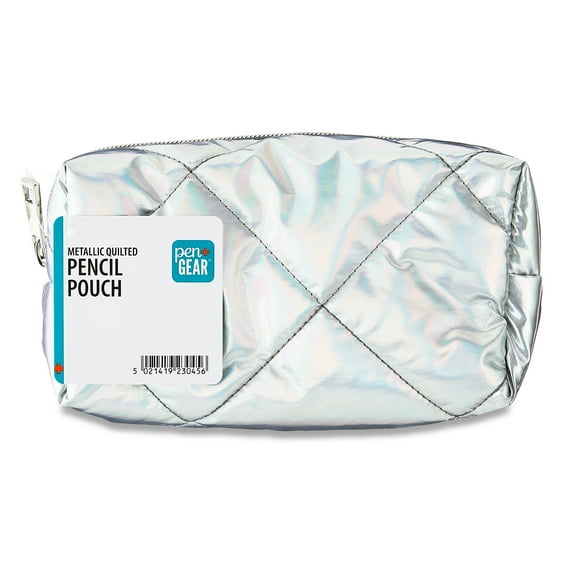 Pen+Gear High School, College Diamond Quilted Pencil Pouch, Iridescent Silver