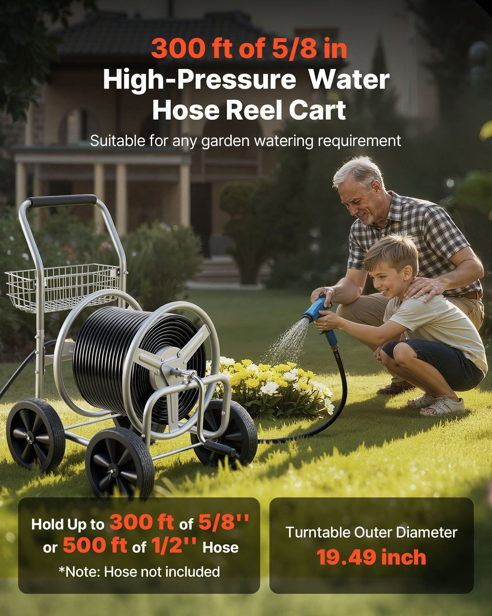 CAFORKP 4-Wheel Heavy Duty Hose Reel Cart, Holds 300ft of 5/8" Hose