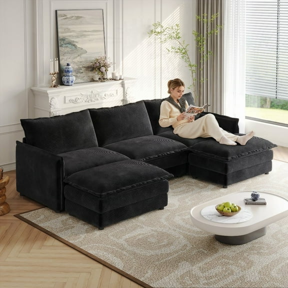 Modern Corduroy Fabric 3-Seater Couch 220×80×75cm with 2 Movable Footrests