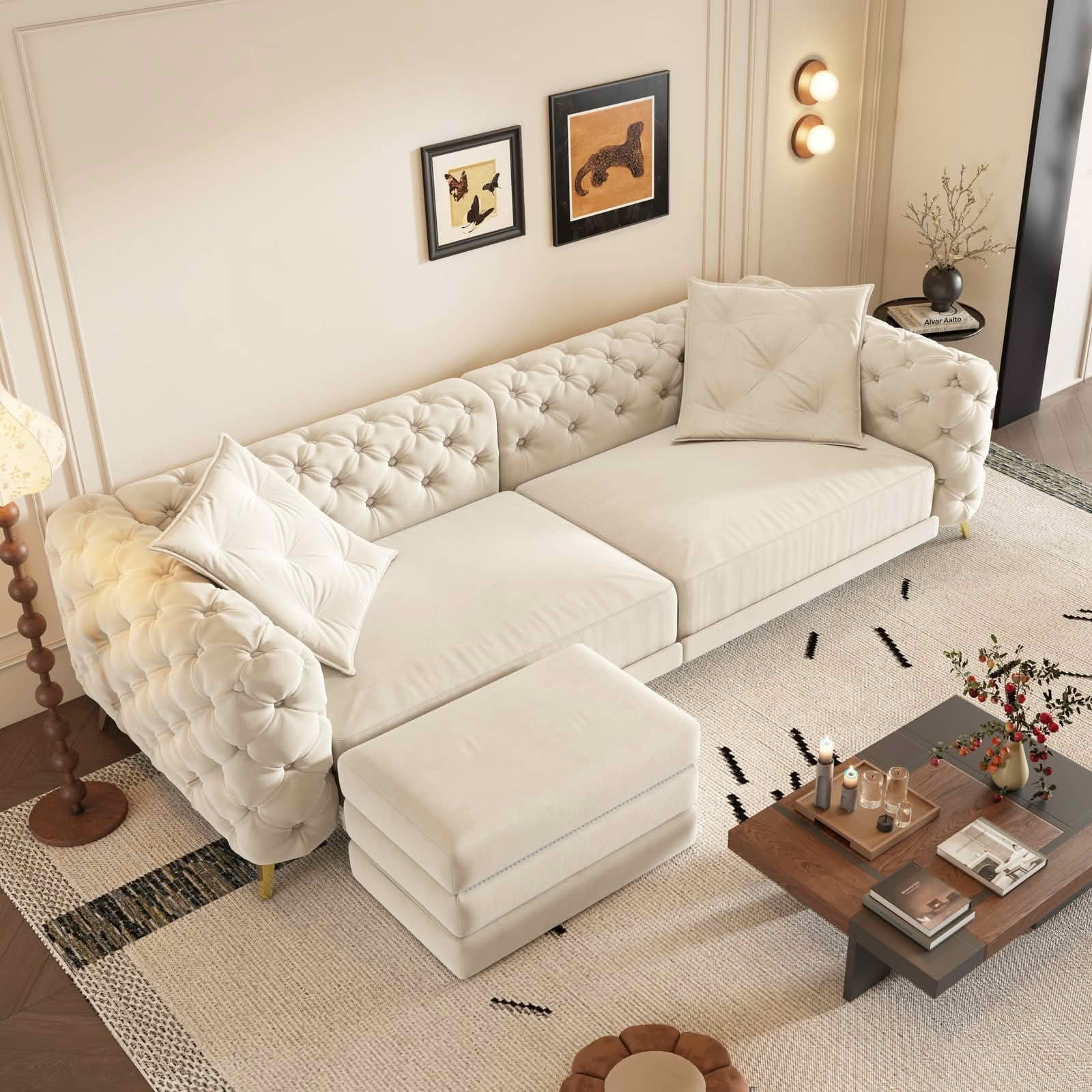 MAYEERTY 97.7" 3‑in‑1 Convertible Sleeper Sofa Bed, Deep‑Seat Tufted Velvet 4‑Seater Couch with Movable Ottoman, 2 Pillows Included
