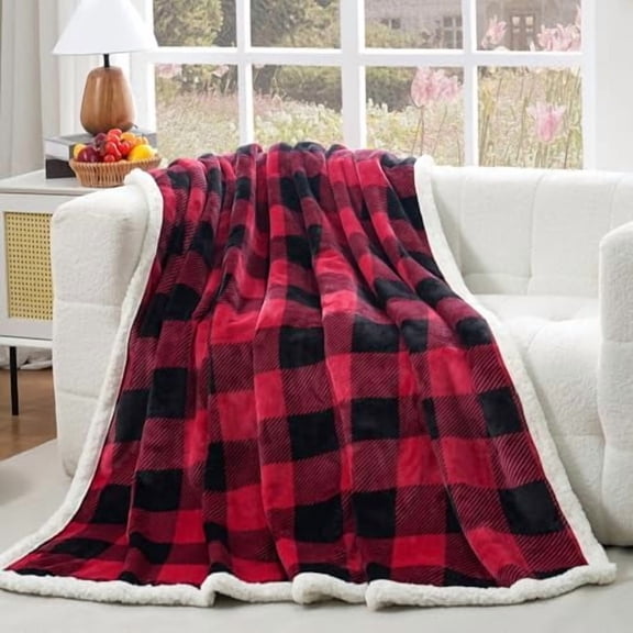 Sherpa Fleece Throw Blanket 80" x 90" Reversible Plush Fluffy Large Big Blanket Lattice Flannel Blankets for All Season Use, Red and Black
