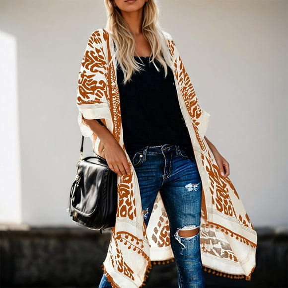 SHIXIAOO Women's Lightweight Kimono Cover Up Cardigan Floral Print Boho Beach Wrap Summer Casual Loose Fit Long Sleeve Open Front Tassel Formal Sweaters Women Thick Fall Cardigans for Women