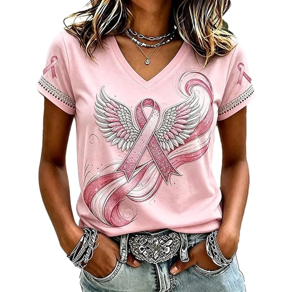 JULMCOMO Breast Cancer Shirts for Women V Neck Pink Ribbon Breast Cancer Awareness Short Sleeve Loose Comfy Tops Casual Survivor Support Graphic Tees Vermilion XL