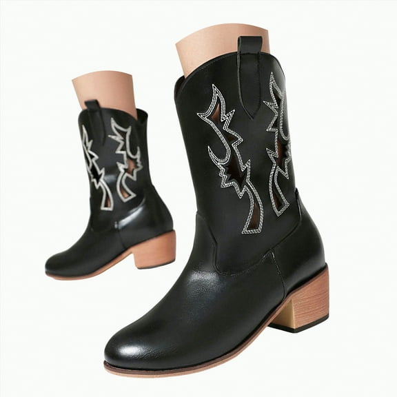 UngA Mid Calf Boots Cowboy Boots for Women Ankle Cowgirl Booties Wide Mid Calf Pointed Toe Western Boots Short Classic Booties Black,6