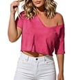 thumbnail image 2 of hotojiny Womens off the Shoulder Tops Oversized T-Shirts V Neck Short Sleeve Cropped Tees Summer Casual Spring Clothes, 2 of 5