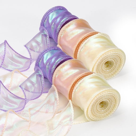 LELE LIFE 6 Rolls 1.6in x 10Yd Iridescent Sheer Organza Ribbon, Glitter Tulle Chiffon Ribbon for Flower Bouquet Gift Wrapping Wedding Crafts Bows, Purple Champagne Pink Beige
