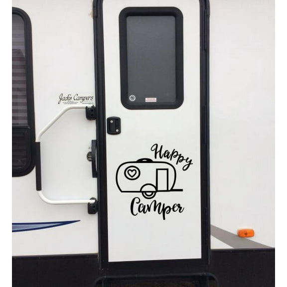 RV Decor Accessories Happy Camper Outdoor Use Vinyl Art Decal Stickers 18x18-Inch Glossy Black