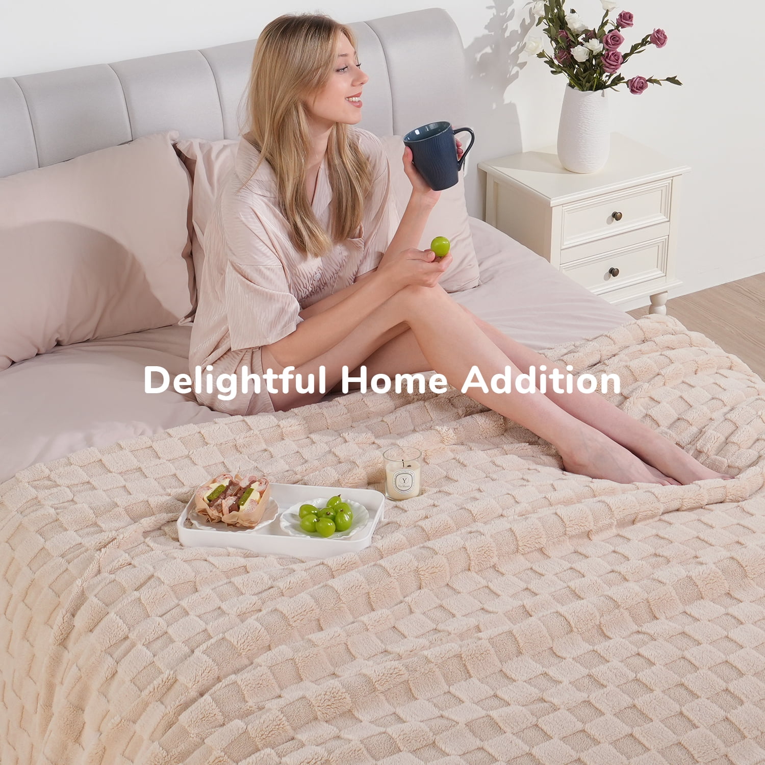 Anjee 90" x 90" Khaki Queen Size Super Soft Cozy Fluffy Sherpa Fleece Reversible Thick 3D Checkered Jacquard Decorative Throw Blankets