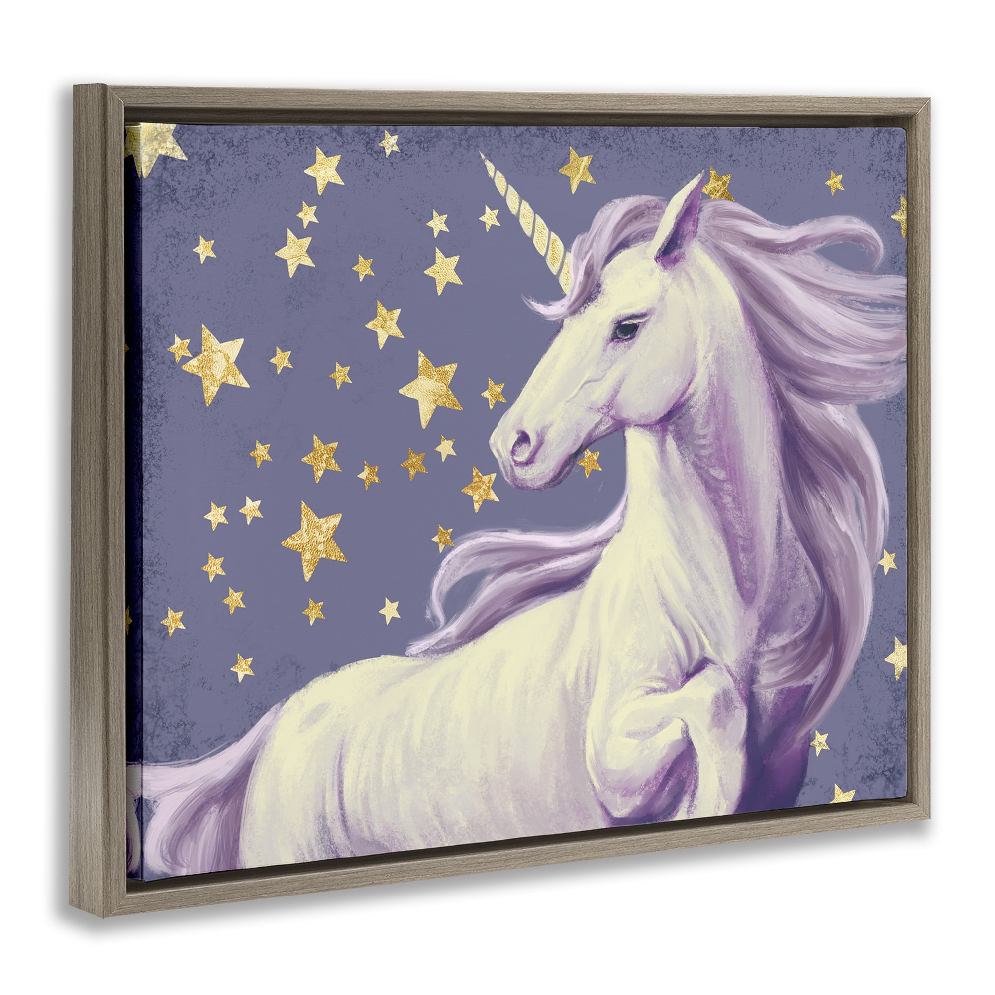 Stupell Industries Purple Unicorn in Starry Sky Fairy Tales & Fantasy Painting Brown Floater Framed Canvas Art Print Wall Art, 31 x 25
