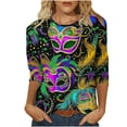 thumbnail image 2 of LEKWK Womens Mardi Gras Shirts Luxury Pearl Mask Face Round Neck 3/4 Sleeve Graphic Tees Gold Purple Green Costume Carnival Top, 2 of 5