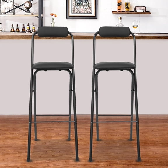 2Pcs Black Folding Bar Stools, 29.53in Counter Height Chairs with PU Seat & X Frame, 275LBS for Cafe Milk Tea Shop Home Kitchen