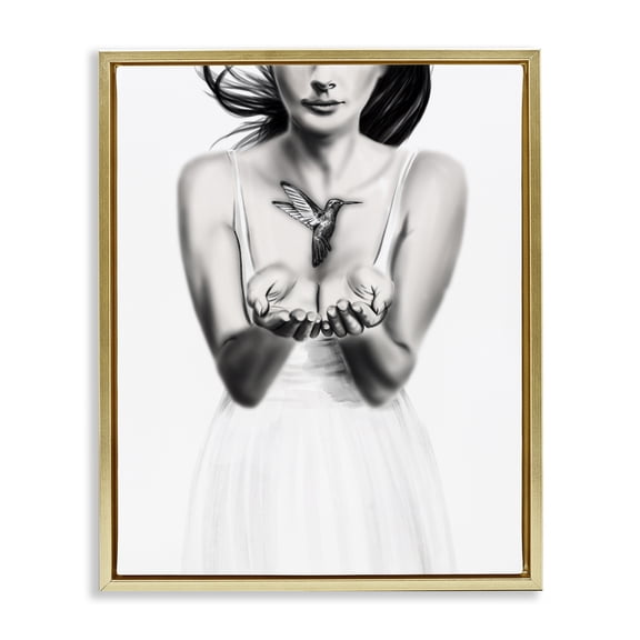 Stupell Industries Contemporary Girl with Hummingbird Gold Floating Frame Canvas Art, 17 x 21, by Ros Ruseva