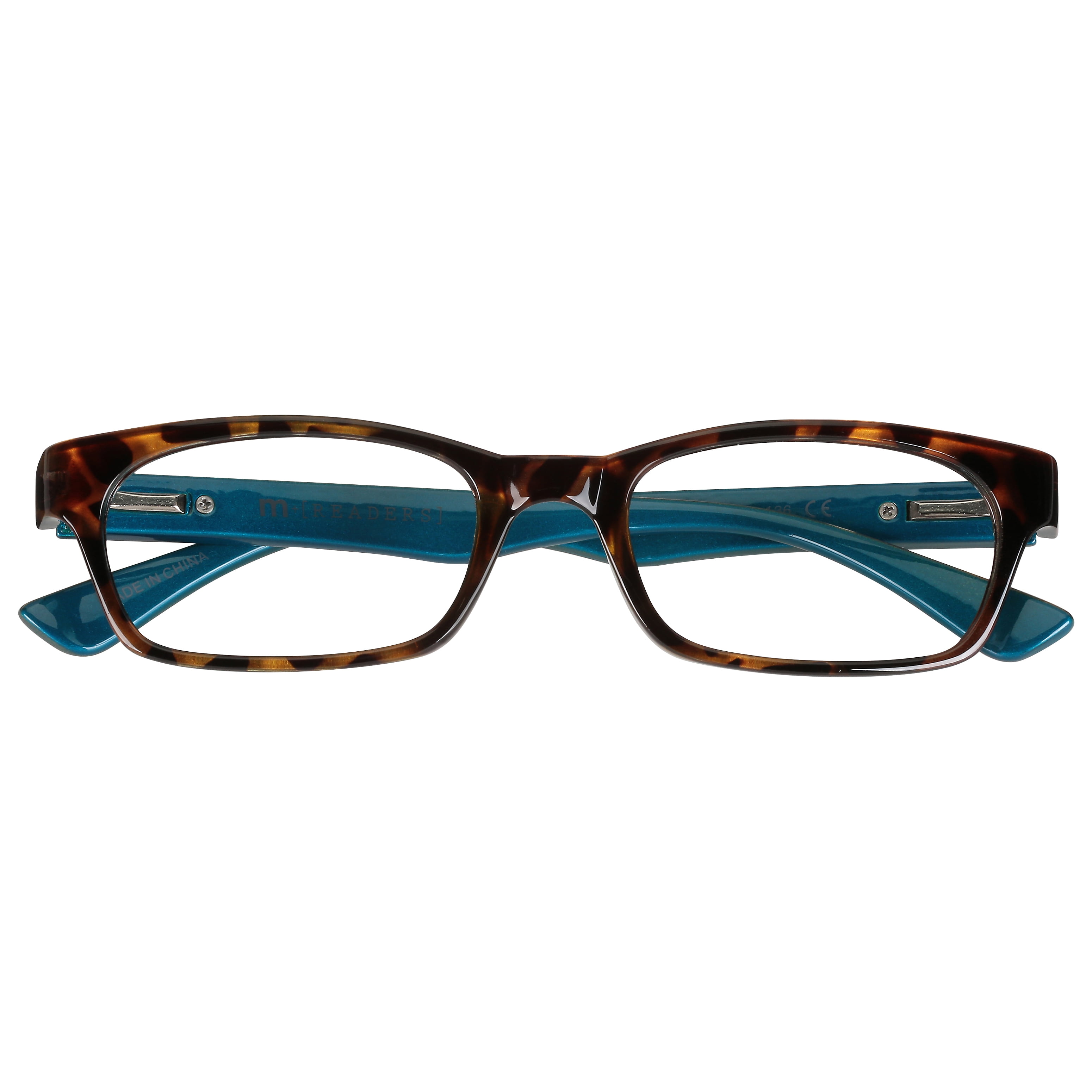 (2 pack) M+ Womens Rectangular Plastic Reading Glasses 1.25 Colleen in Tortoise with Teal Inner Color