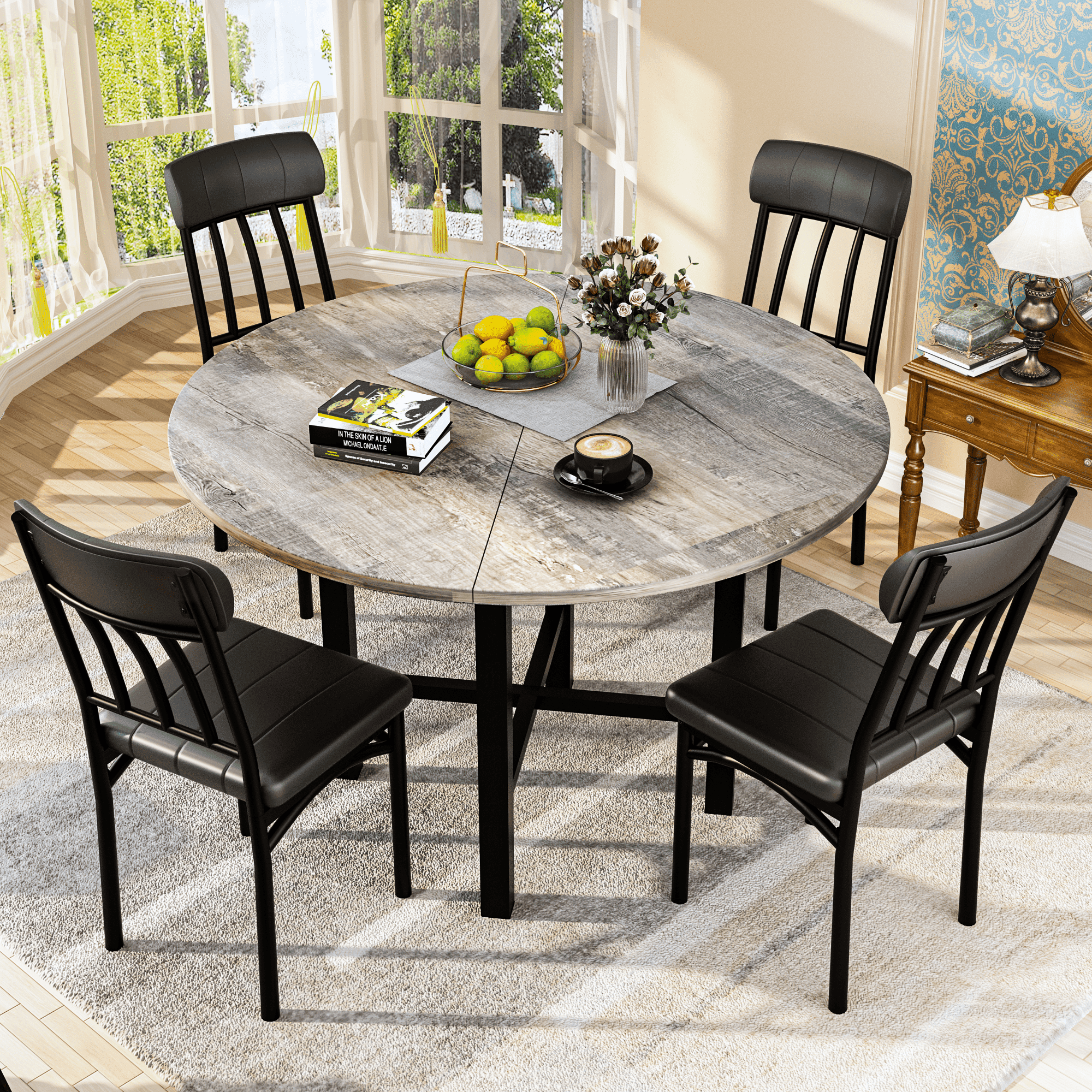 Round Dining Table Set for 4, Solid Wood Thickened Table Top Kitchen Dining Table and Chairs Set, Modern Dining Room Dining Table Set for 4 for Apartment, Kitchen, Dining Room, Rustic Gray