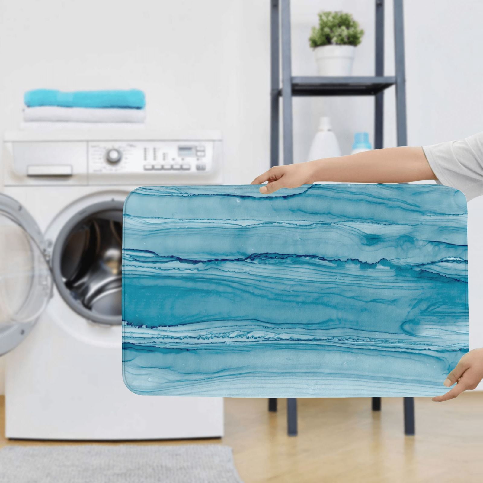 Bathroom Rugs Sets 3 Piece - Teal Turquoise Fluid Stripes Absorbent Non Slip Bath Mats, U-Shape Toilet Lid Cover, Contour Mat, Soft Washable Shower Mats Bath Rug Mat for Bathroom Tub Toilet