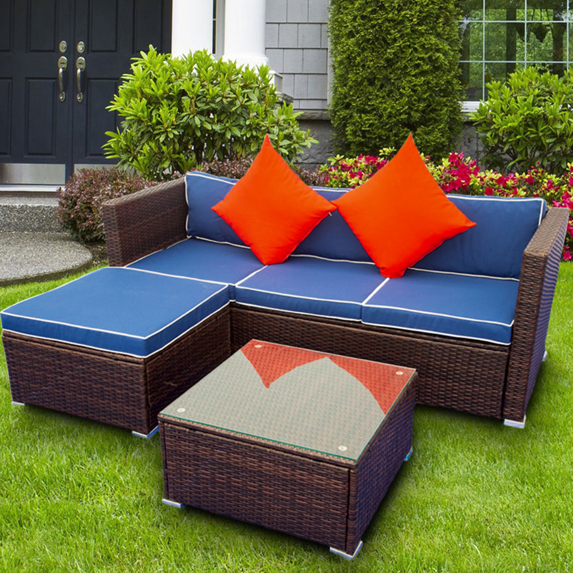 Outdoor Patio Furniture Sets, 3 Piece Ratten Wicker Sectional Sofa Set, Patio Furniture with 3-Seating Sofa, 1 Ottoman & Coffee Table, Patio Conversation Sets for Backyard Lawn Garden, Blue, W10965 - image 3 of 11