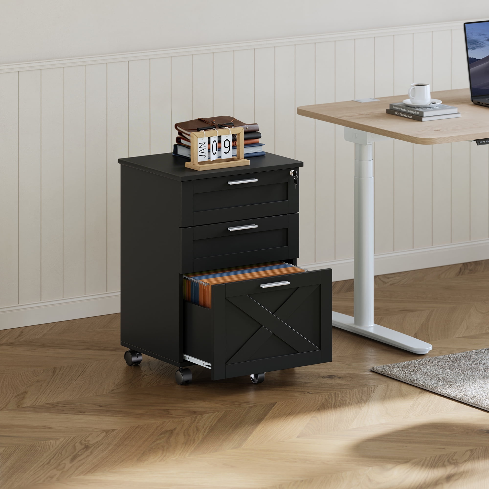 3-Drawer File Cabinet with Lock, Mobile Under Desk Filing Cabinet for Home Office, Wood Storage Organizer for Letter/a4/Legal Size Documents