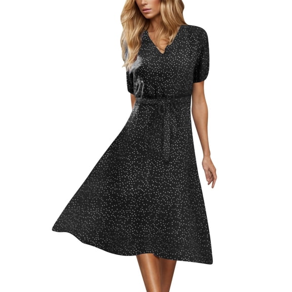 Hvot&aat Women's Summer Polka Dots Dress Lantern Short Sleeve V-Neck Tie Waist Sundress A-Line Flowy Midi Dresses