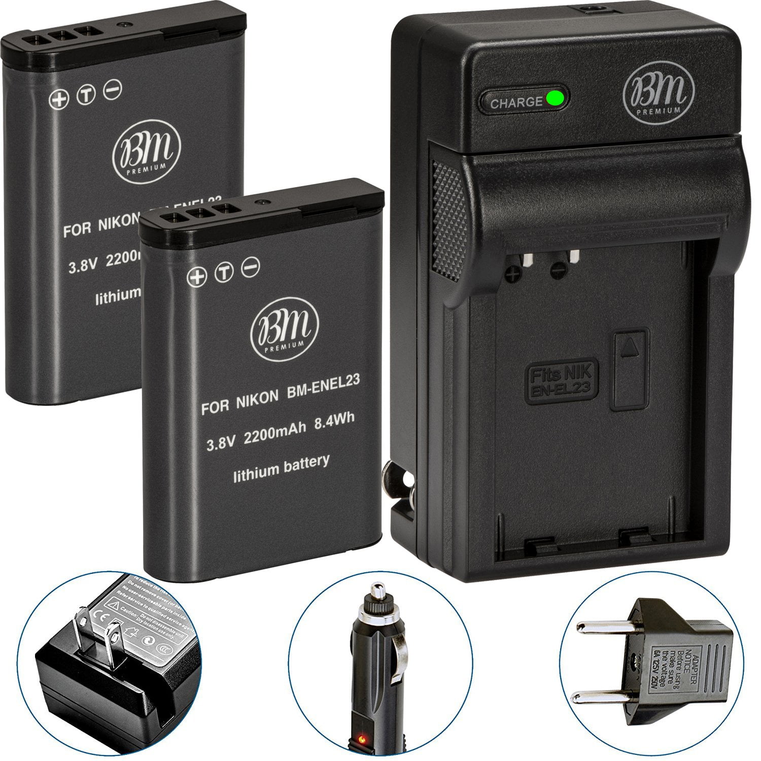 BM Premium 2 Pack of ENEL23 Batteries and Battery Charger for Nikon
