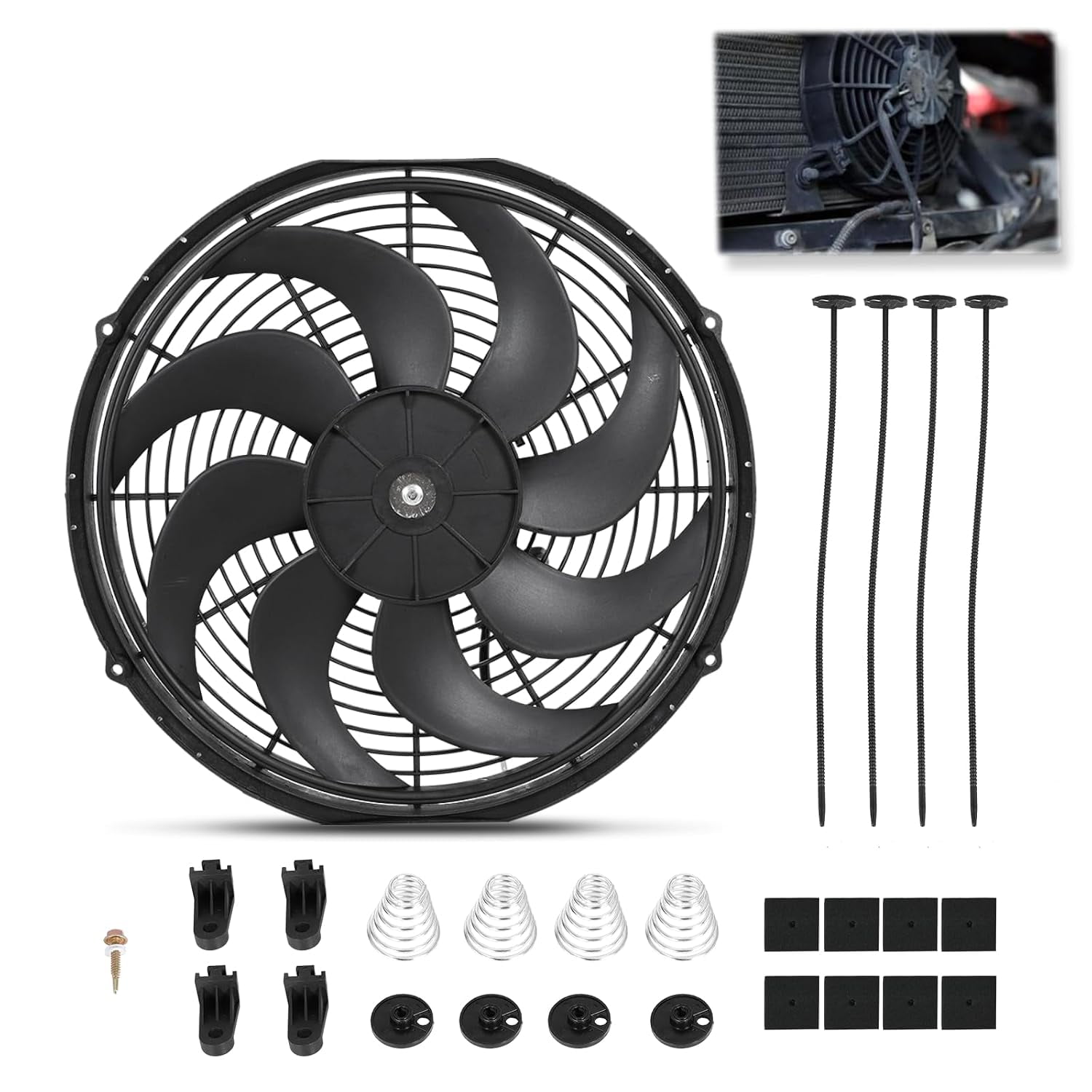 Sunny Lane Universal 16 Inch Black Slim Radiator Cooling Fan 12V 100W Push Pull with Mount Kit – Fits Radiators for Vehicles, Cars, Trucks