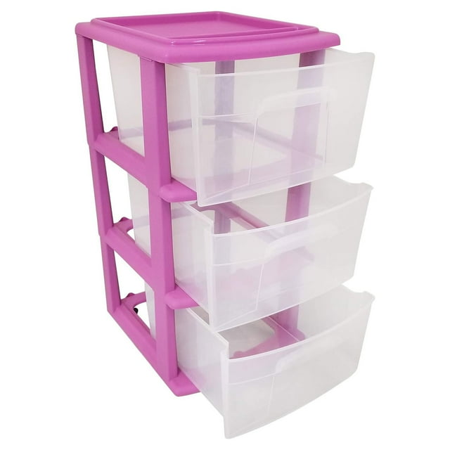 HOMZ 3-Drawer Cart Organizer with Removable Wheels, Medium, Purple Frame