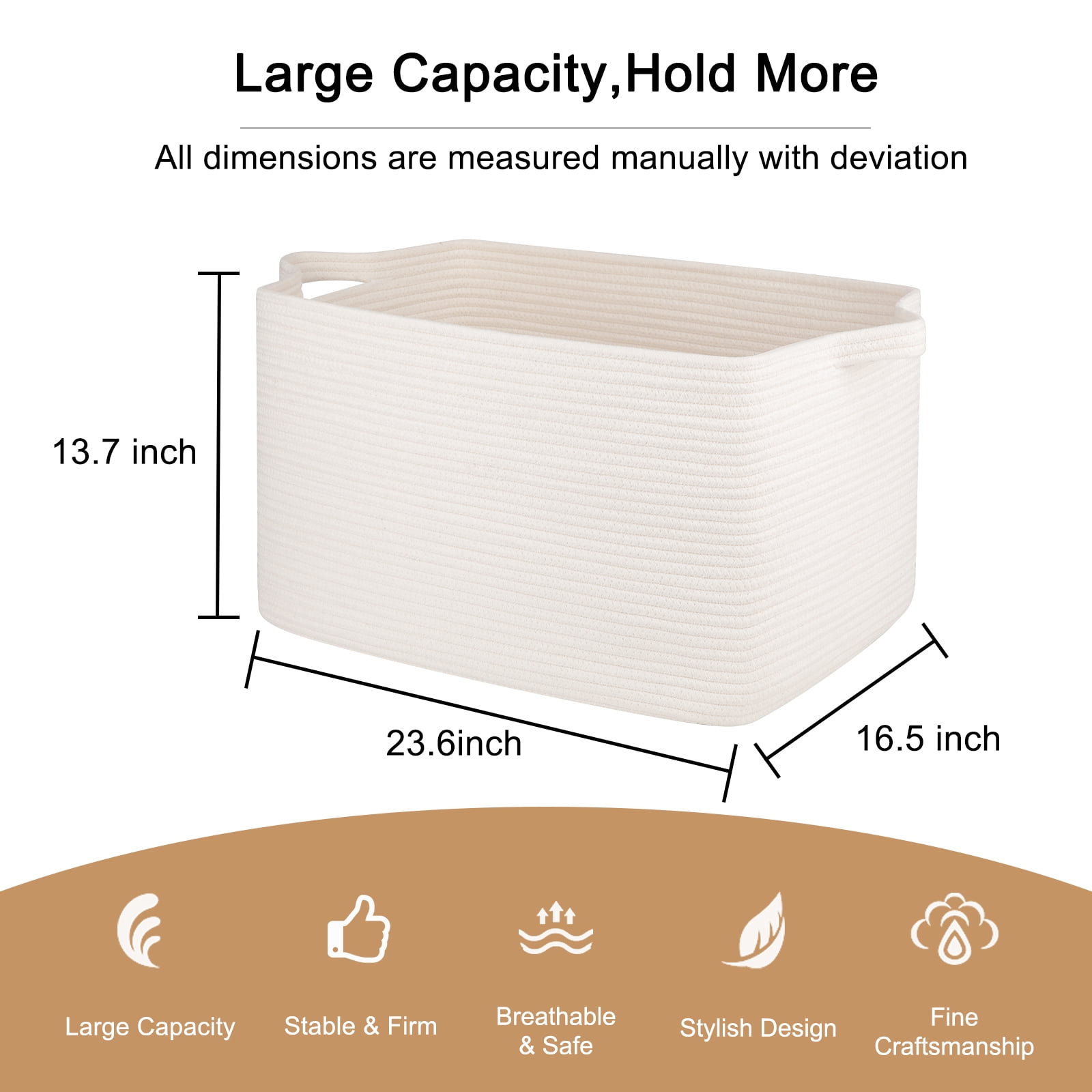 CHERISHGARD Blanket Basket 90L Rectangle Rope Baskets for Storage, Cotton Rope Basket for Bedroom Livingroom Washingroom
