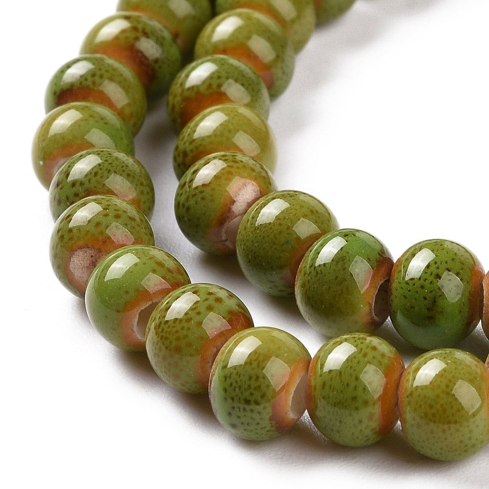 Handmade Fancy Glazed Porcelain Ceramic Round Beads Strands Yellow Green 12~13mm Hole: 2mm 30pcs/strand 12~13 inch