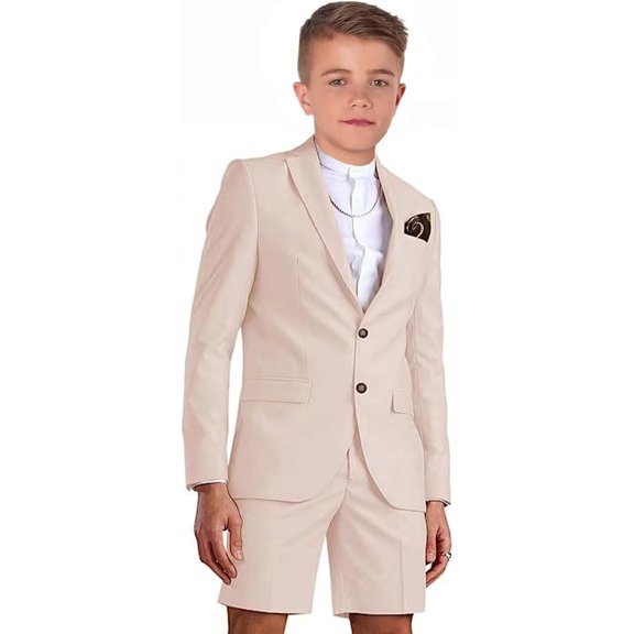 Mosedou Shorts Suit for Boys Summer Casual 2 Piece Beach Wedding Tuxedo Suit Kids Slim Fit Formal Jacket Pants Set