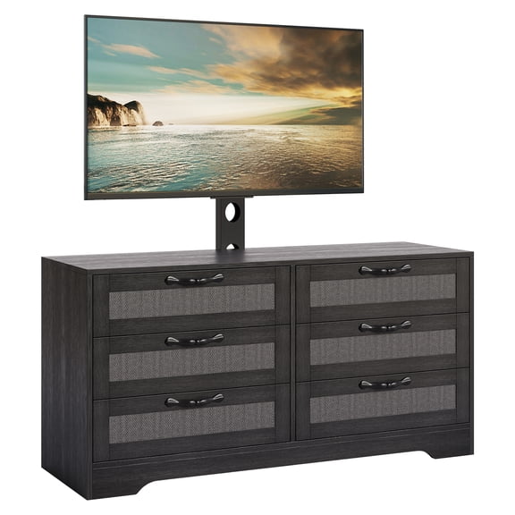 Garvee Modern Design TV Stand with Mount – 47.2" Entertainment Center, 6-Drawer Rattan Dresser for 32-85" TV – Ample Storage, Media Console for Living Room or Bedroom – Black