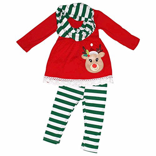 Unique Baby Girls 3 Piece Striped Rudolph Christmas Legging Set Green