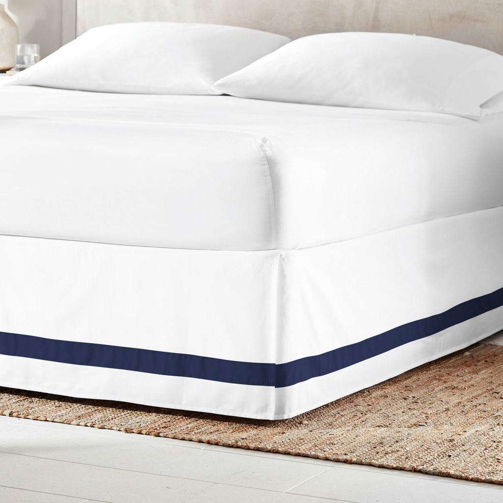 Everhome Emory Hotel Solid Border Bed Skirt, Tailored 15" Drop, White/Navy, Twin