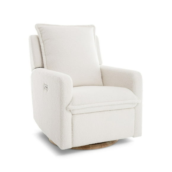 Valencia Milo Fabric Swivel Recliner Chair | Luxurious Sheepskin-Finish Fabric, Swivel, Glide, and Recliner Functionality, Sturdy Wooden Base, Built-in USB Port, White