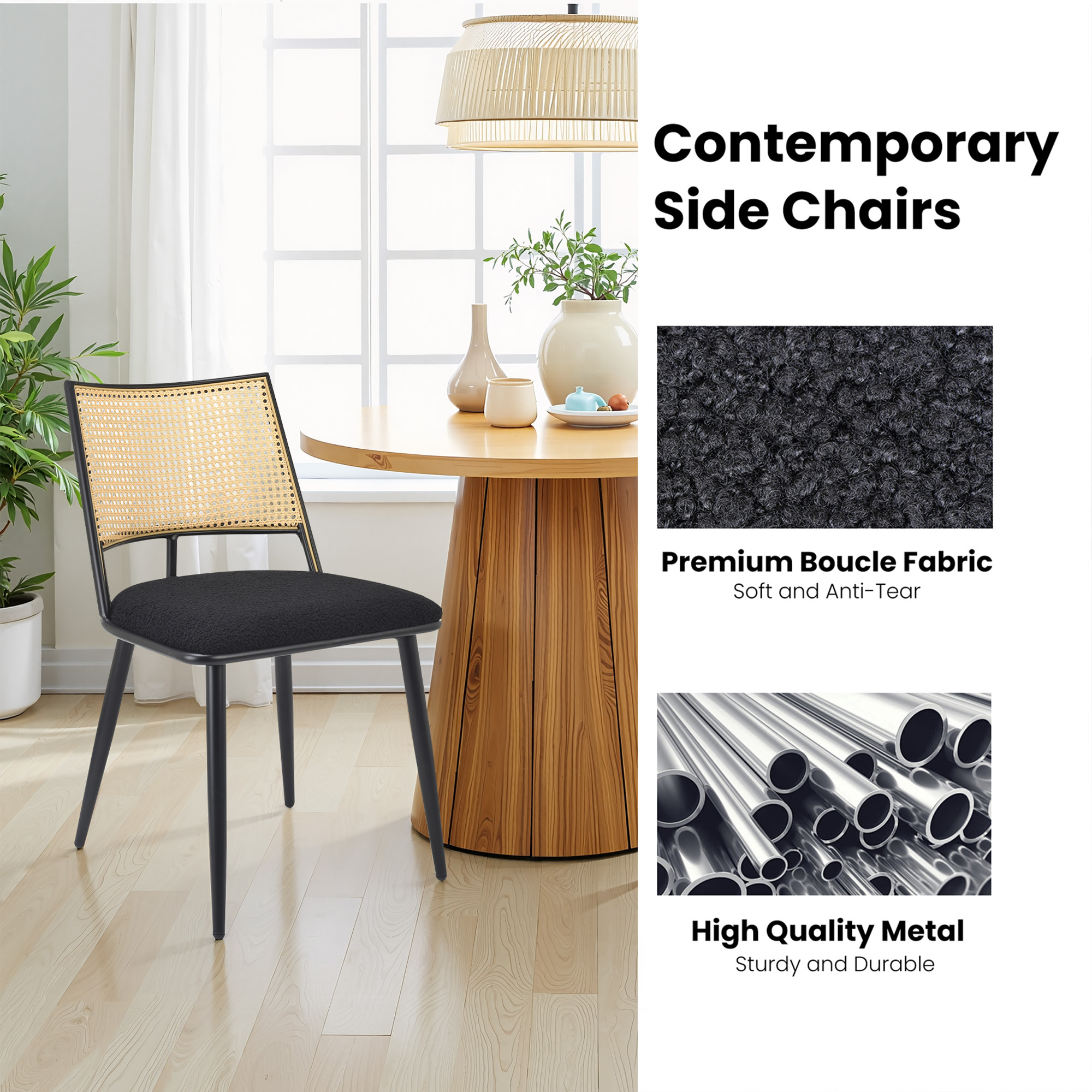 MAYEERTY Black Dining Chairs Set of 2, Rattan Backrest, Metal Frame, Boucle Upholstery for Living Room