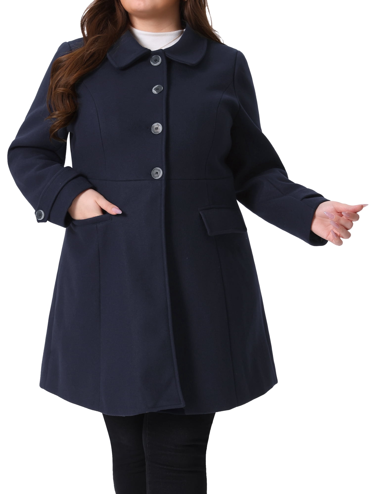 DARING DIVA Women's Plus Size Single Breasted Trench Coat with Pockets 1X Dark Blue