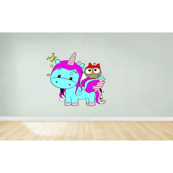 Lovely Unicorn with her Friend Cartoon Character Wall Art Sticker Vinyl Decals Girls Boys Children Baby Bedroom House School Wall Decor Removable Sticker Peel and Stick Size (30x15 inch)