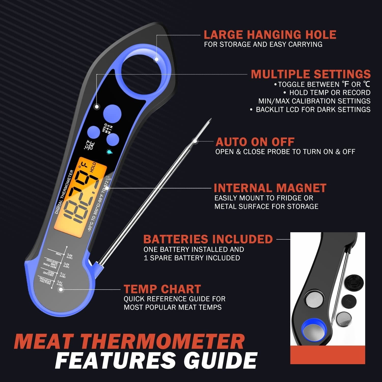Waterproof Barbeque Thermometer Folding Kitchen Stainless Steel Food Thermometer Smart Kitchen Thermometer