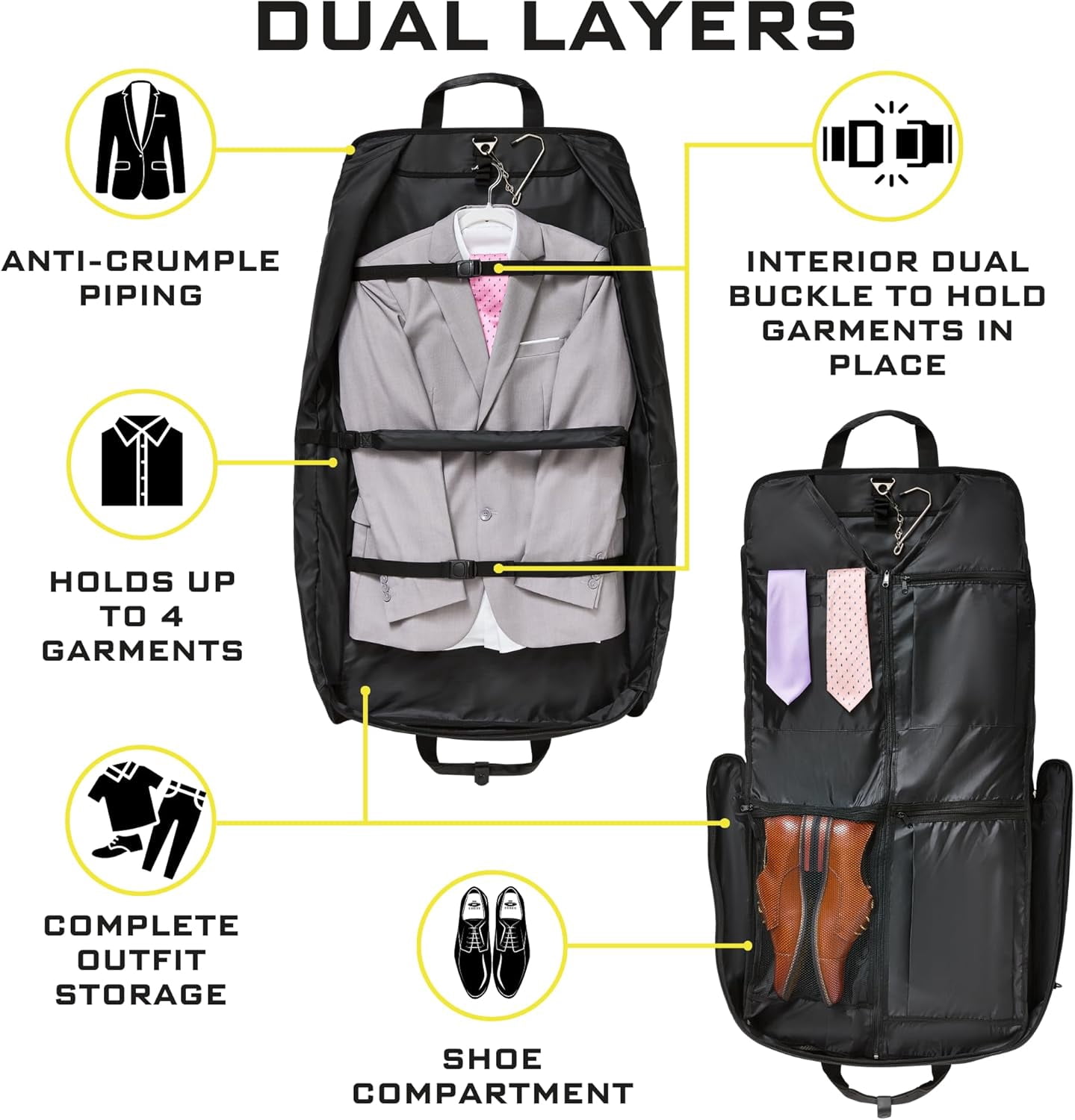 ZEGUR 40-Inch 3 Suit Carry On Garment Bag for Travel or Business Trips - Features an Adjustable Shoulder Strap and Multiple Organization Pockets - Black