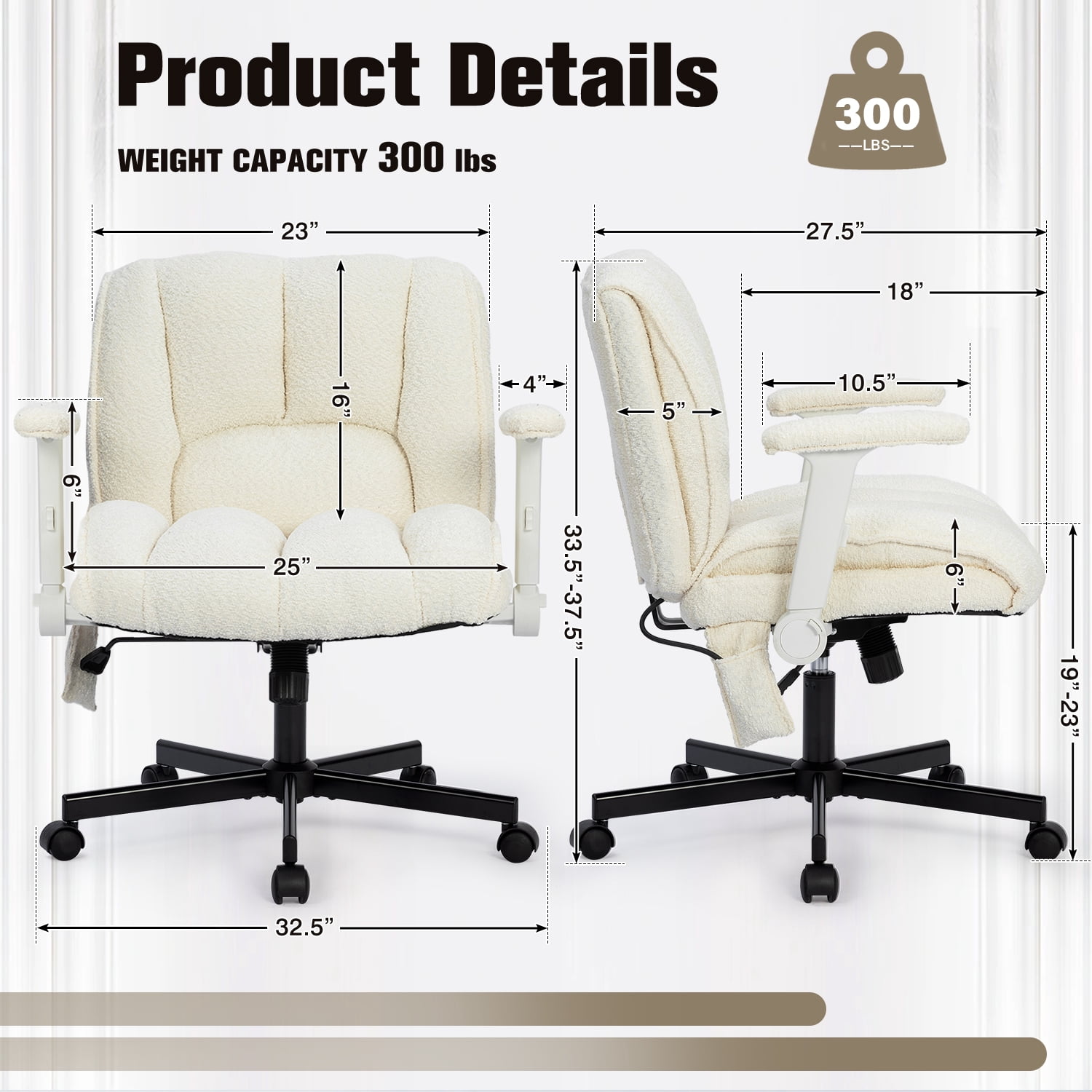 Criss Cross Chair with Dynamic Lumbar Support, Fabric Cross Legged Office Chair with Flip Arms and Wheels, Wide Swivel Vanity Chair for Home Office, Study, Makeup Room