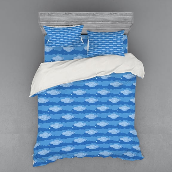 Ambesonne Abstract Bedding Set 4 Pcs, Sky with Clouds Doodle, Queen, Azure Blue Cobalt Blue